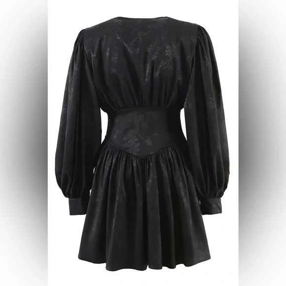 SWINGY FLORAL JACQUARD FIT & FLARE LONG SLEEVE MINI DRESS CORSET BLACK M - Picture 10 of 10